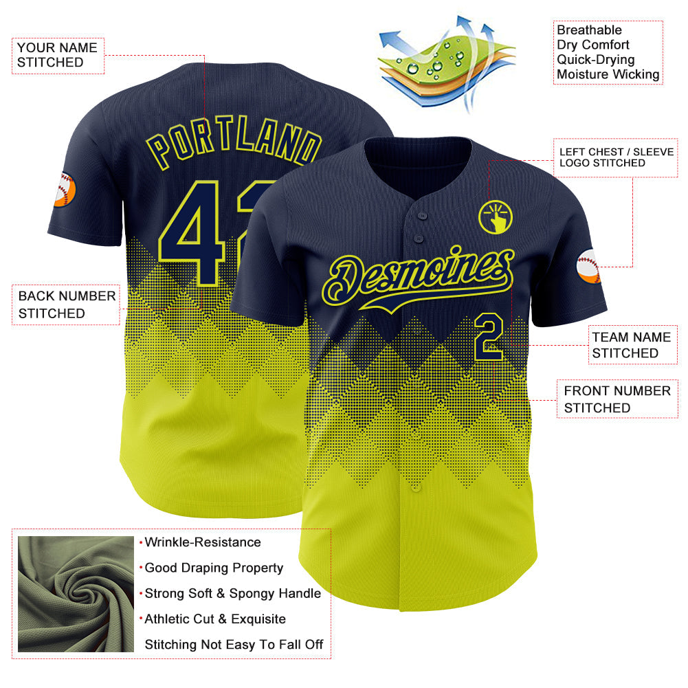 Custom Navy Neon Yellow 3D Gradient Square Shape Authentic Baseball Jersey view 3