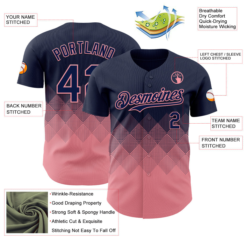 Custom Navy Medium Pink 3D Gradient Square Shape Authentic Baseball Jersey view 3