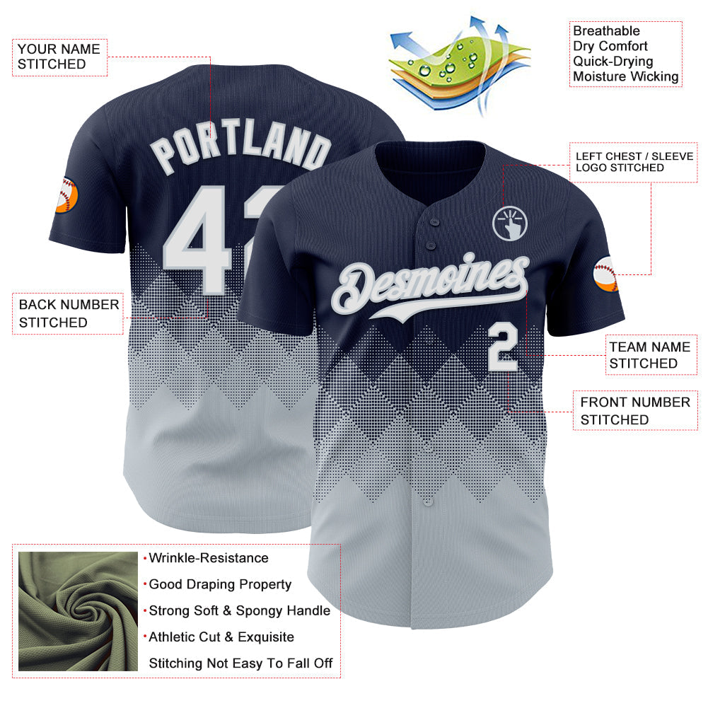 Custom Navy White-Silver 3D Gradient Square Shape Authentic Baseball Jersey view 3