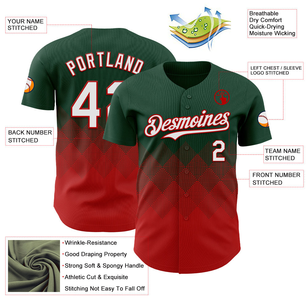 Custom Green White-Red 3D Gradient Square Shape Authentic Baseball Jersey view 3