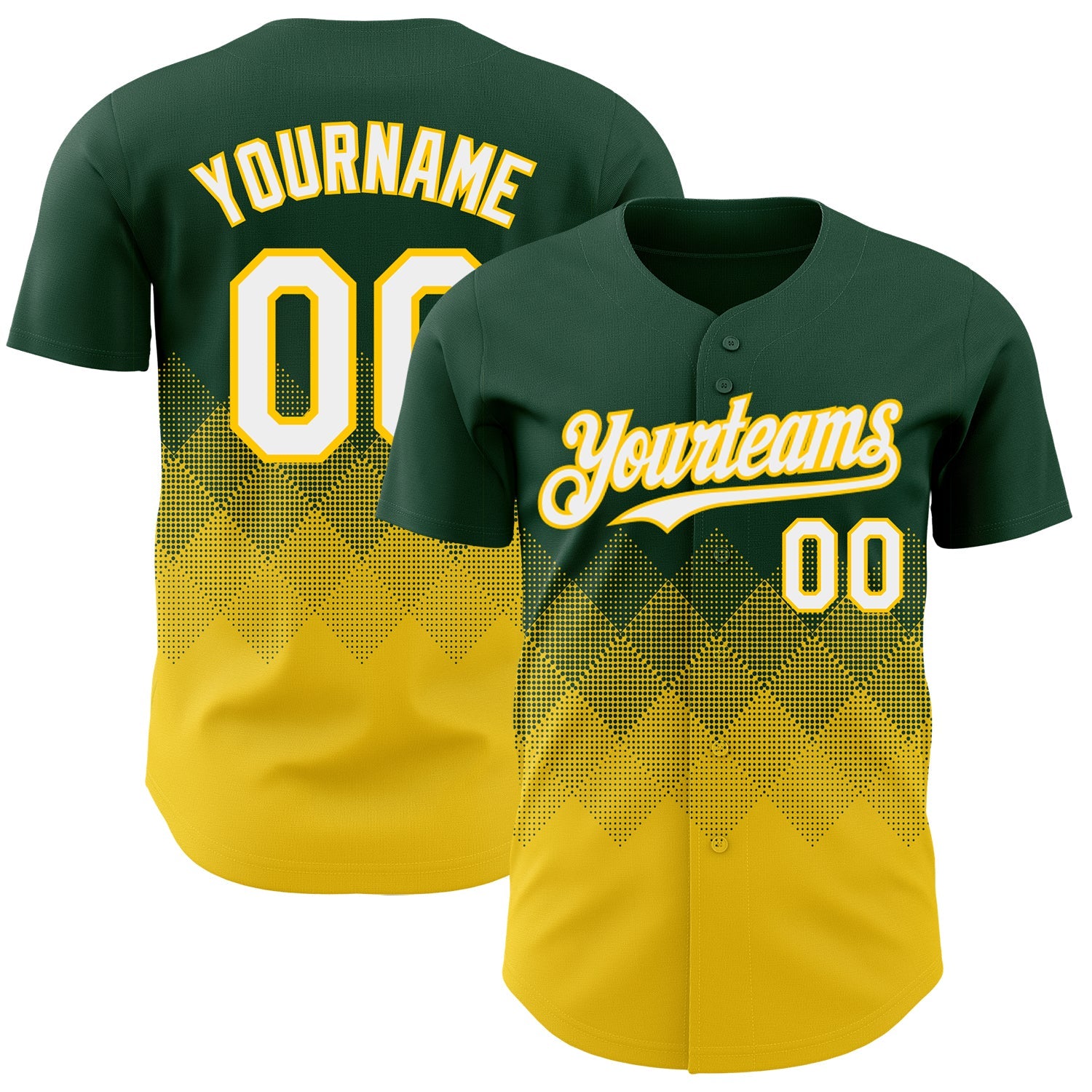 Custom Green White-Yellow 3D Gradient Square Shape Authentic Baseball Jersey - Main View