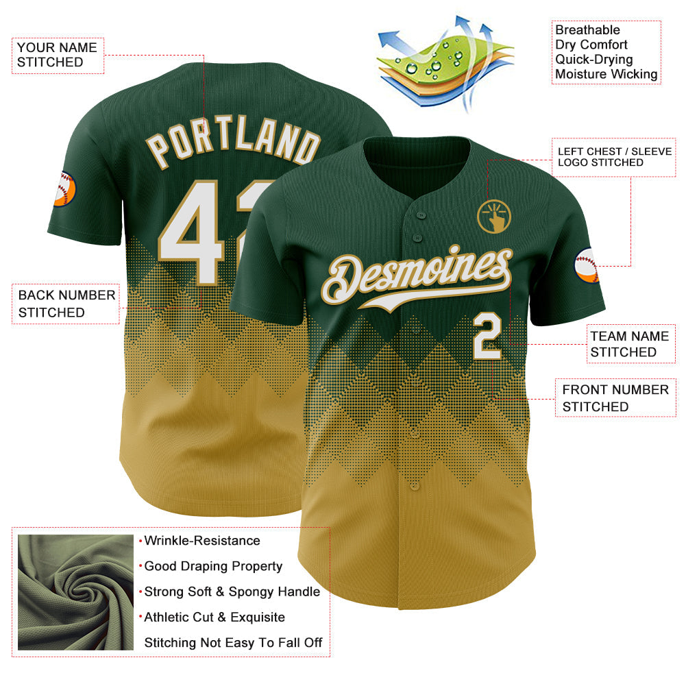 Custom Green White-Old Gold 3D Gradient Square Shape Authentic Baseball Jersey view 3