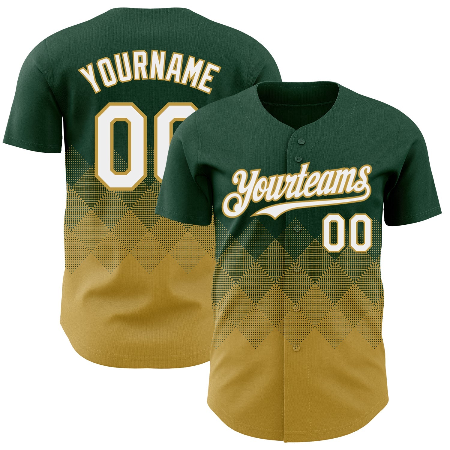 Custom Green White-Old Gold 3D Gradient Square Shape Authentic Baseball Jersey - Main View