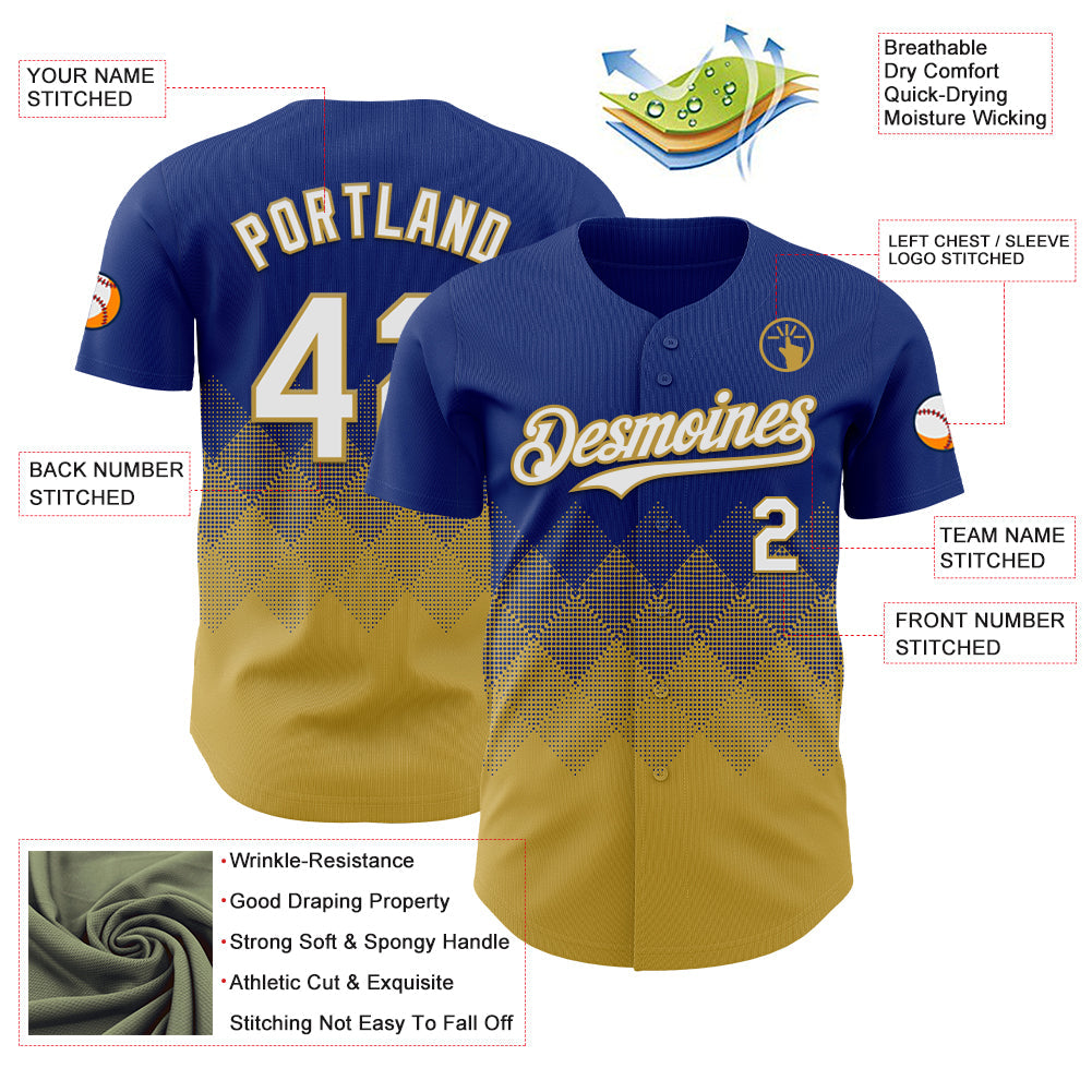 Custom Royal White-Old Gold 3D Gradient Square Shape Authentic Baseball Jersey view 3