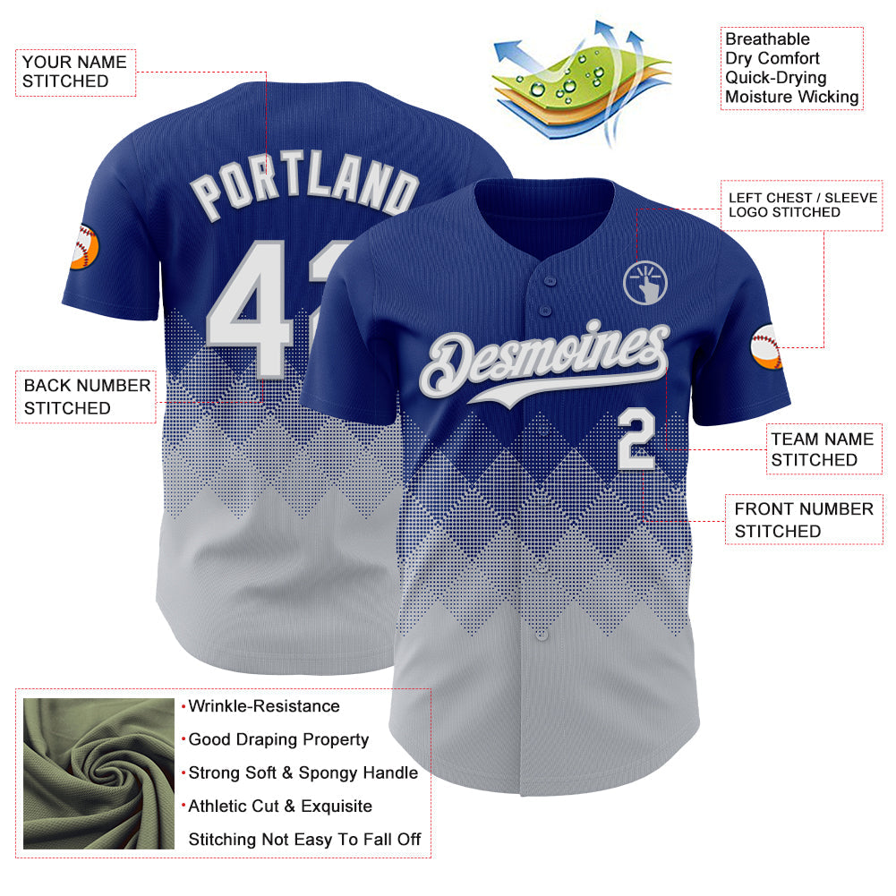 Custom Royal White-Gray 3D Gradient Square Shape Authentic Baseball Jersey view 3