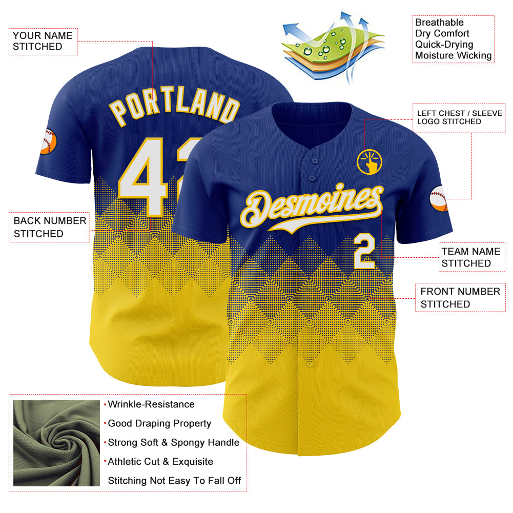 Custom Royal White-Yellow 3D Gradient Square Shape Authentic Baseball Jersey view 3