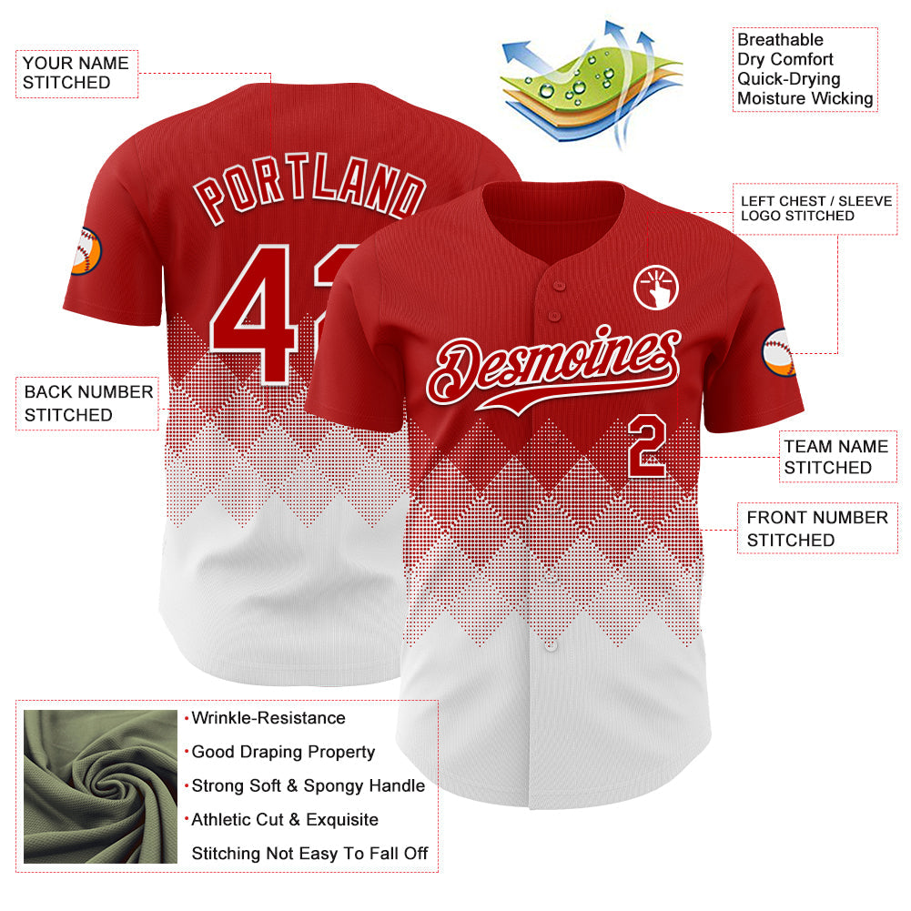 Custom Red White 3D Gradient Square Shape Authentic Baseball Jersey view 3