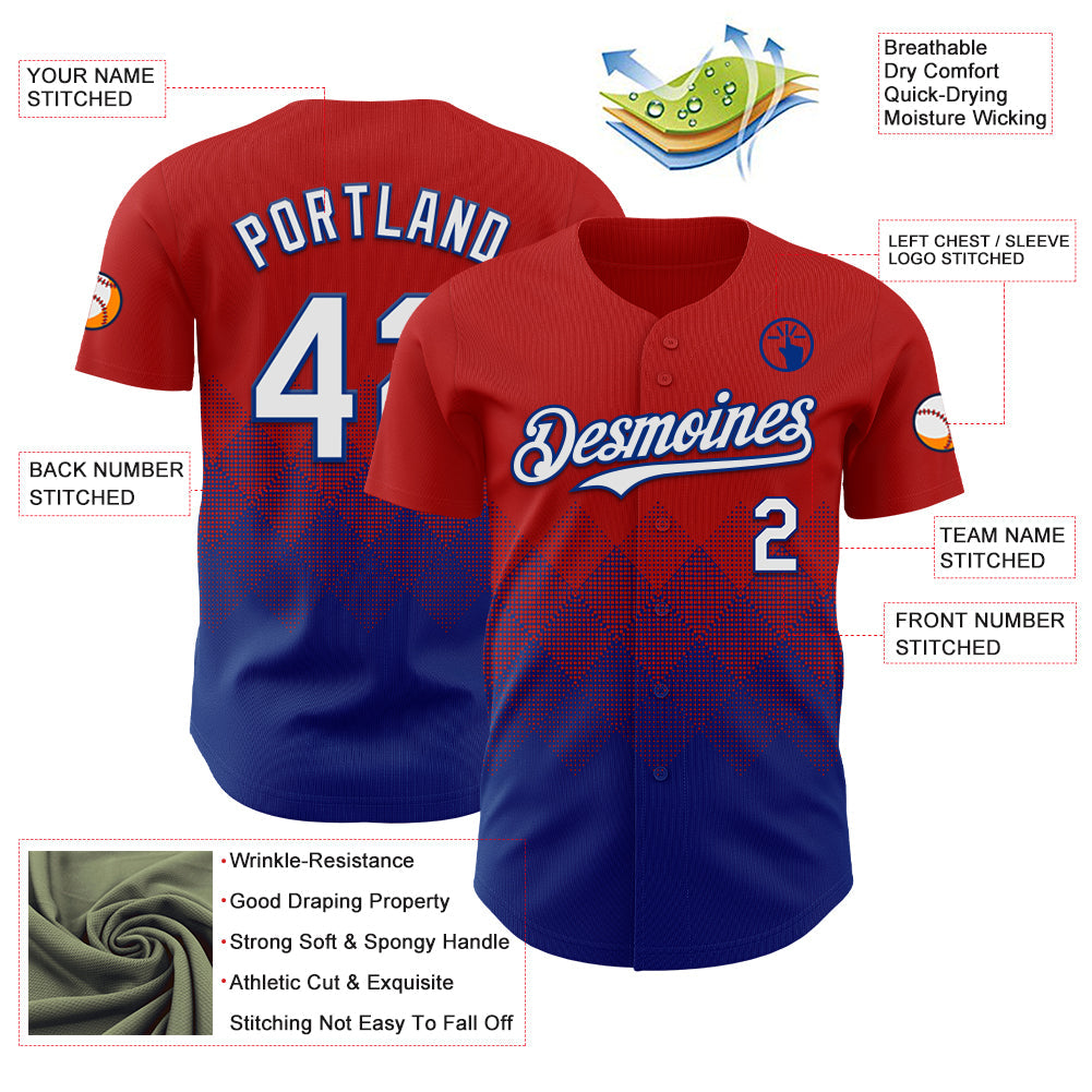 Custom Red White-Royal 3D Gradient Square Shape Authentic Baseball Jersey view 3
