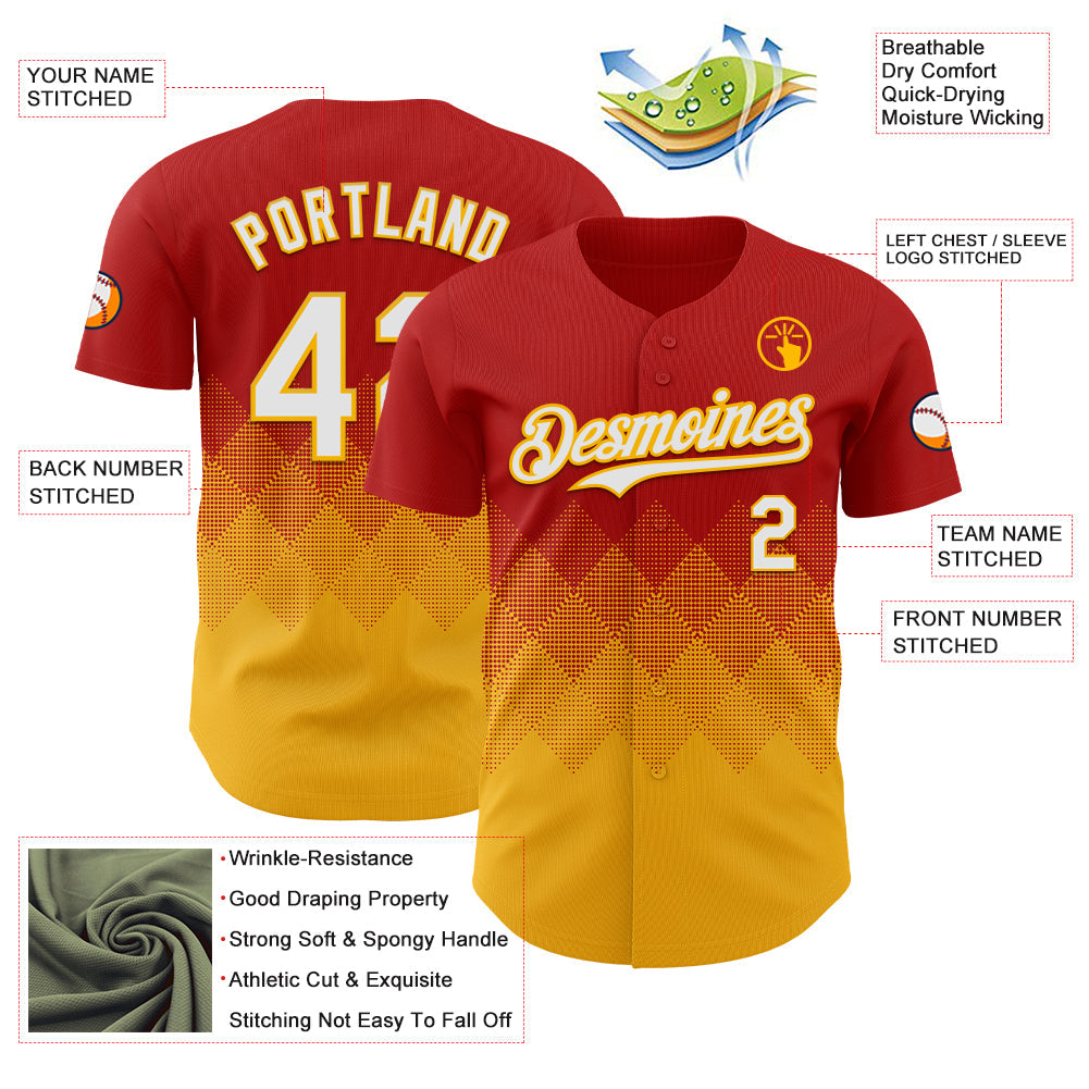 Custom Red White-Gold 3D Gradient Square Shape Authentic Baseball Jersey view 3