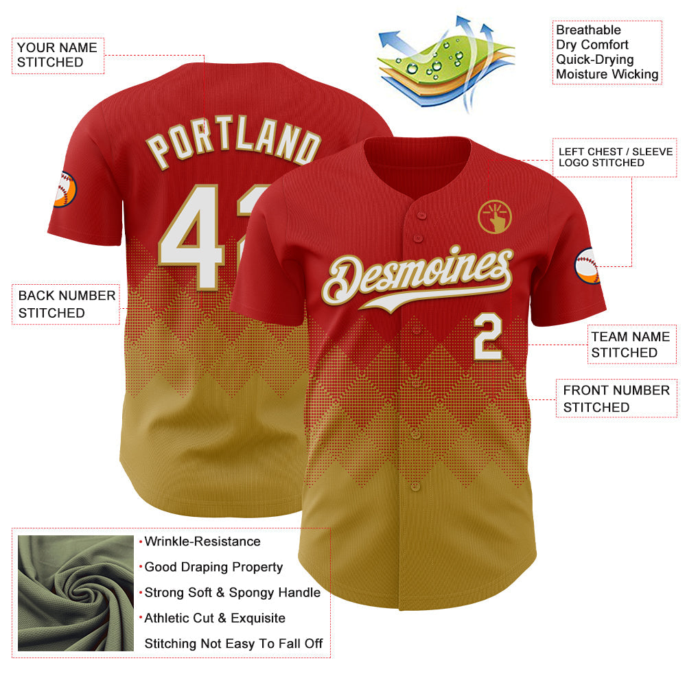 Custom Red White-Old Gold 3D Gradient Square Shape Authentic Baseball Jersey view 3