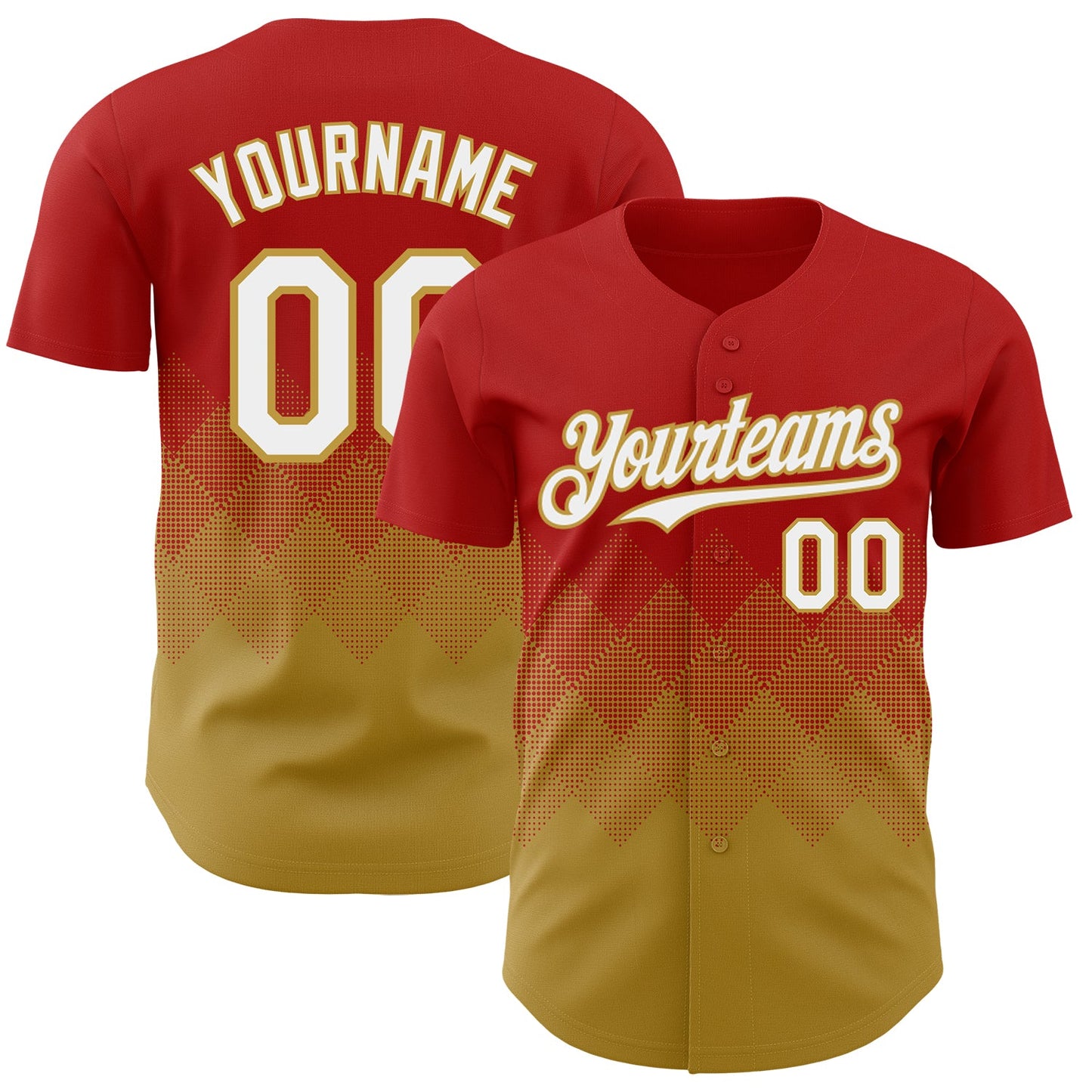 Custom Red White-Old Gold 3D Gradient Square Shape Authentic Baseball Jersey - Main View