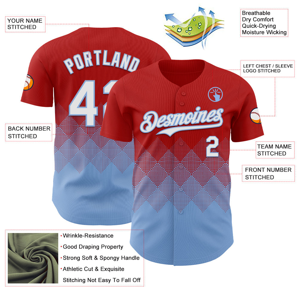 Custom Red White-Light Blue 3D Gradient Square Shape Authentic Baseball Jersey view 3