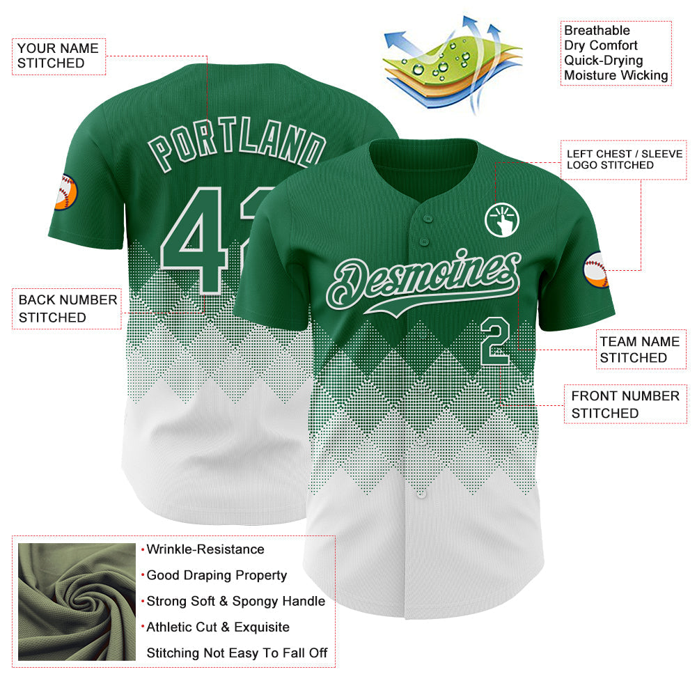 Custom Kelly Green White 3D Gradient Square Shape Authentic Baseball Jersey view 3