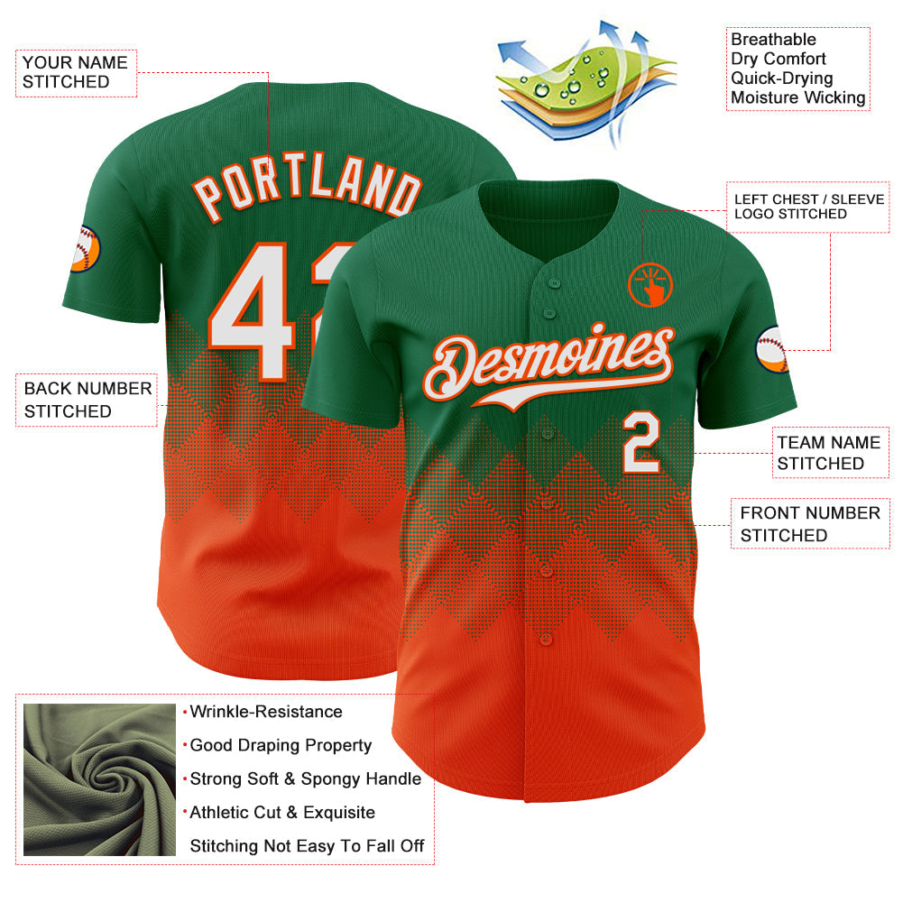 Custom Kelly Green White-Orange 3D Gradient Square Shape Authentic Baseball Jersey view 3