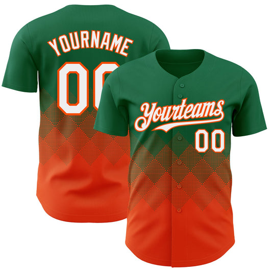Custom Kelly Green White-Orange 3D Gradient Square Shape Authentic Baseball Jersey - Main View
