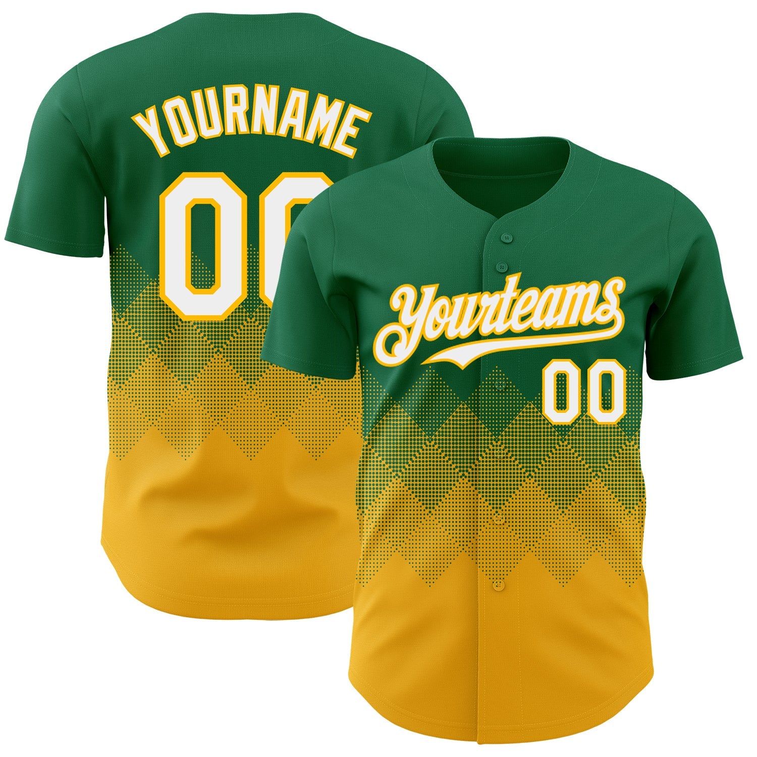 Custom Kelly Green White-Gold 3D Gradient Square Shape Authentic Baseball Jersey - Main View