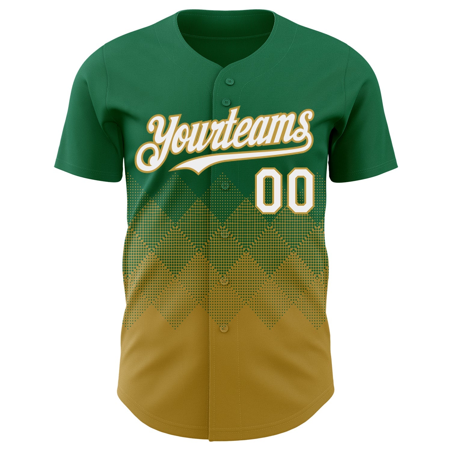 Custom Kelly Green White-Old Gold 3D Gradient Square Shape Authentic Baseball Jersey view 2