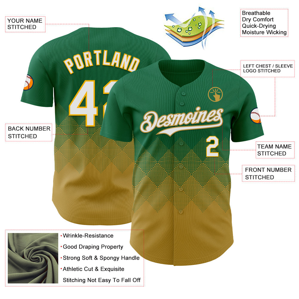 Custom Kelly Green White-Old Gold 3D Gradient Square Shape Authentic Baseball Jersey view 3