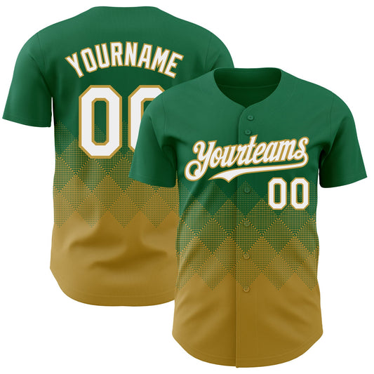 Custom Kelly Green White-Old Gold 3D Gradient Square Shape Authentic Baseball Jersey - Main View