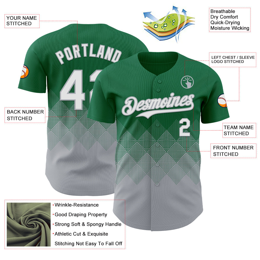 Custom Kelly Green White-Gray 3D Gradient Square Shape Authentic Baseball Jersey view 3