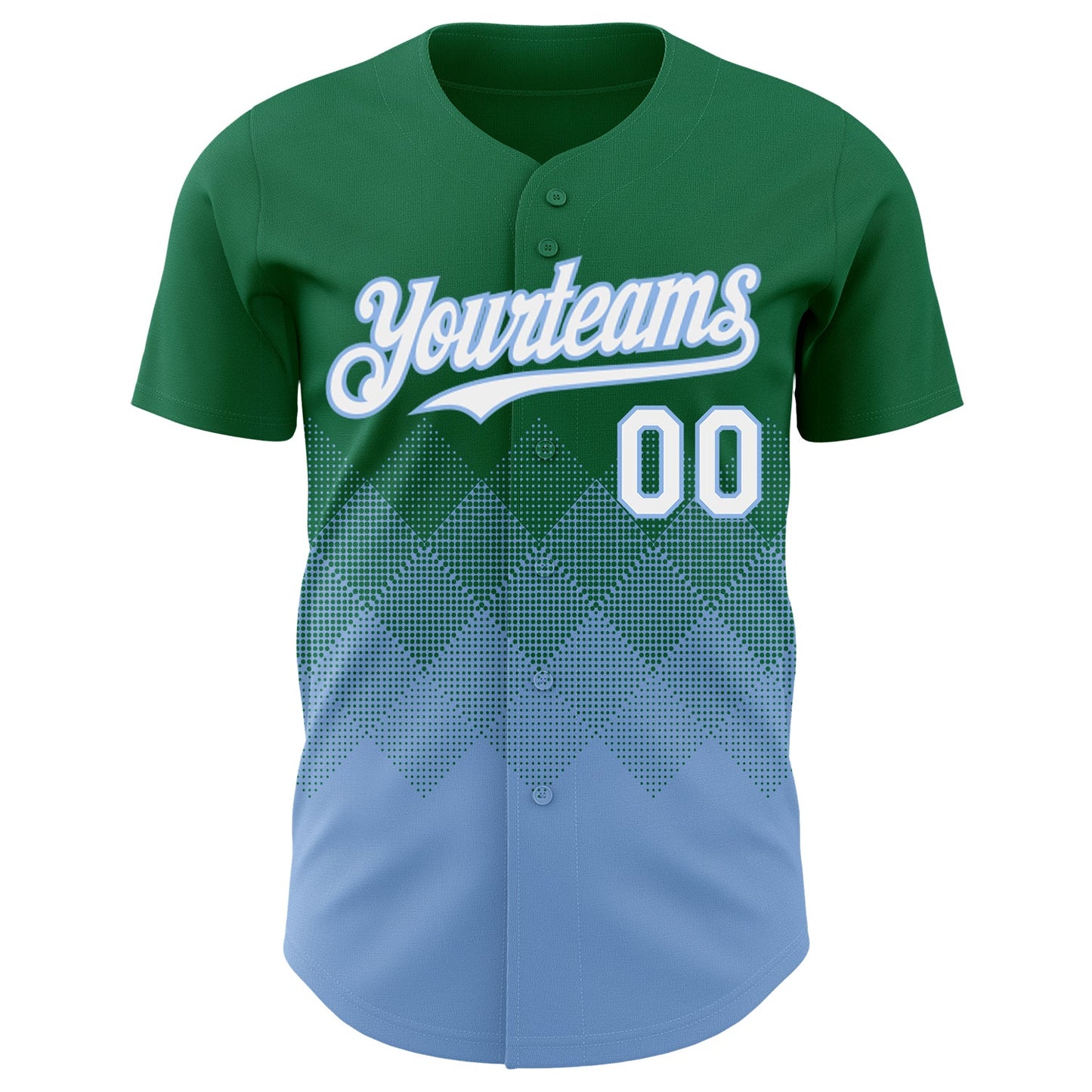 Custom Kelly Green White-Light Blue 3D Gradient Square Shape Authentic Baseball Jersey view 2