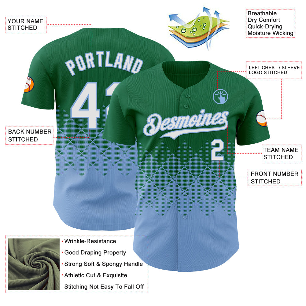 Custom Kelly Green White-Light Blue 3D Gradient Square Shape Authentic Baseball Jersey view 3