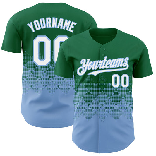 Custom Kelly Green White-Light Blue 3D Gradient Square Shape Authentic Baseball Jersey - Main View