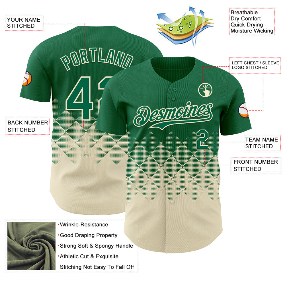 Custom Kelly Green Cream 3D Gradient Square Shape Authentic Baseball Jersey view 3