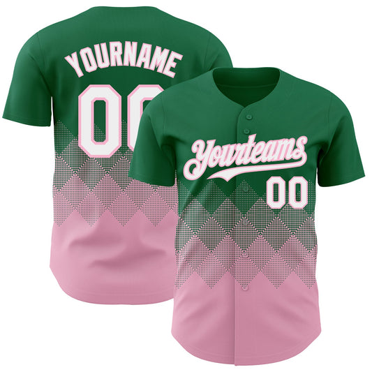 Custom Kelly Green White-Light Pink 3D Gradient Square Shape Authentic Baseball Jersey - Main View