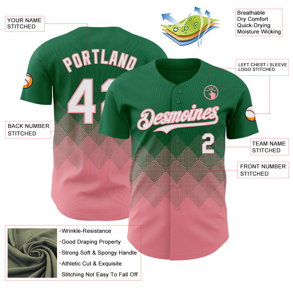 Custom Kelly Green White-Medium Pink 3D Gradient Square Shape Authentic Baseball Jersey view 3