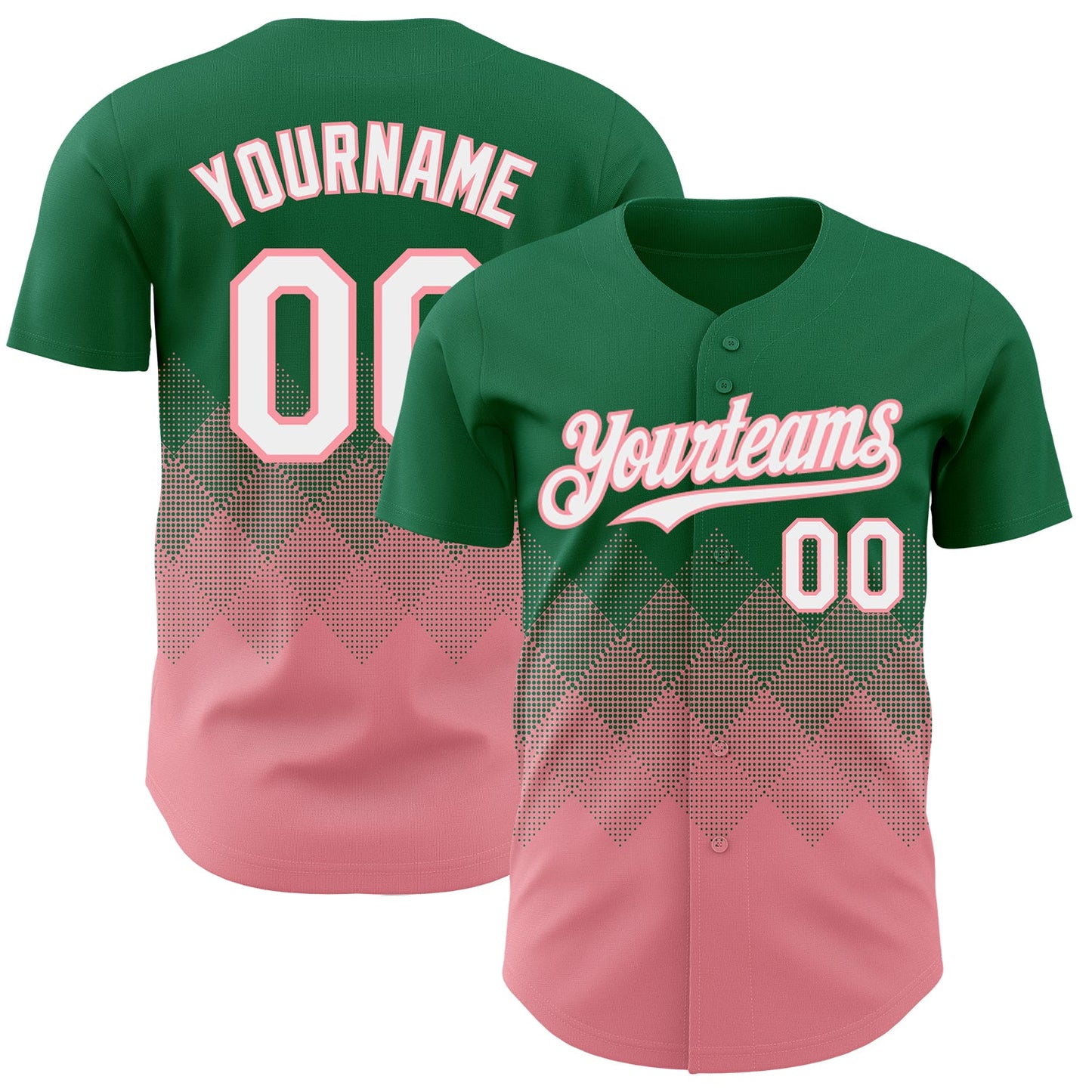 Custom Kelly Green White-Medium Pink 3D Gradient Square Shape Authentic Baseball Jersey - Main View