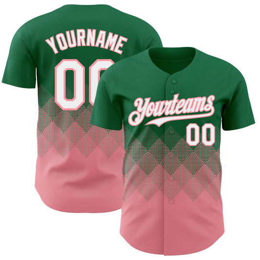 Custom Kelly Green White-Medium Pink 3D Gradient Square Shape Authentic Baseball Jersey - Main View