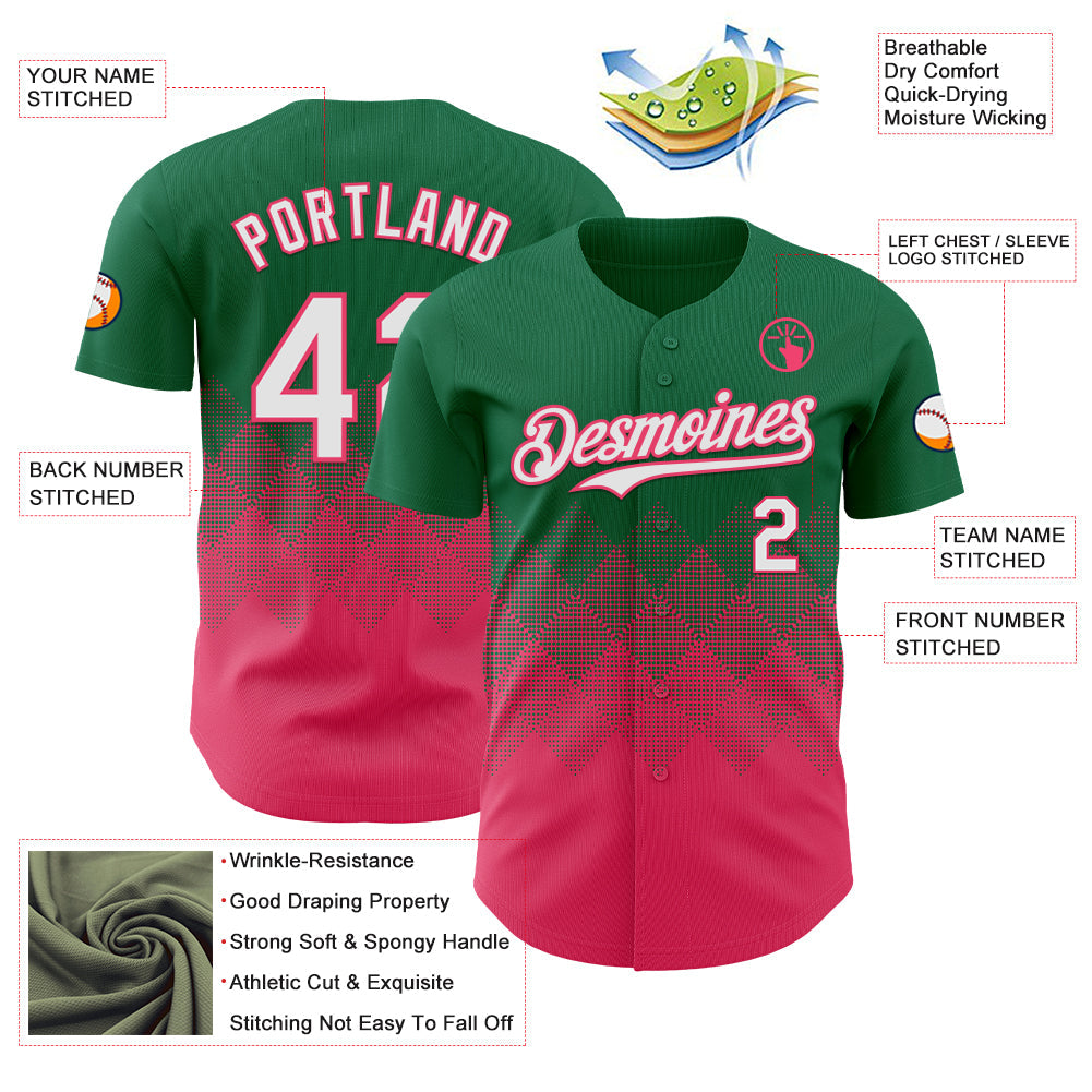 Custom Kelly Green White-Neon Pink 3D Gradient Square Shape Authentic Baseball Jersey view 3