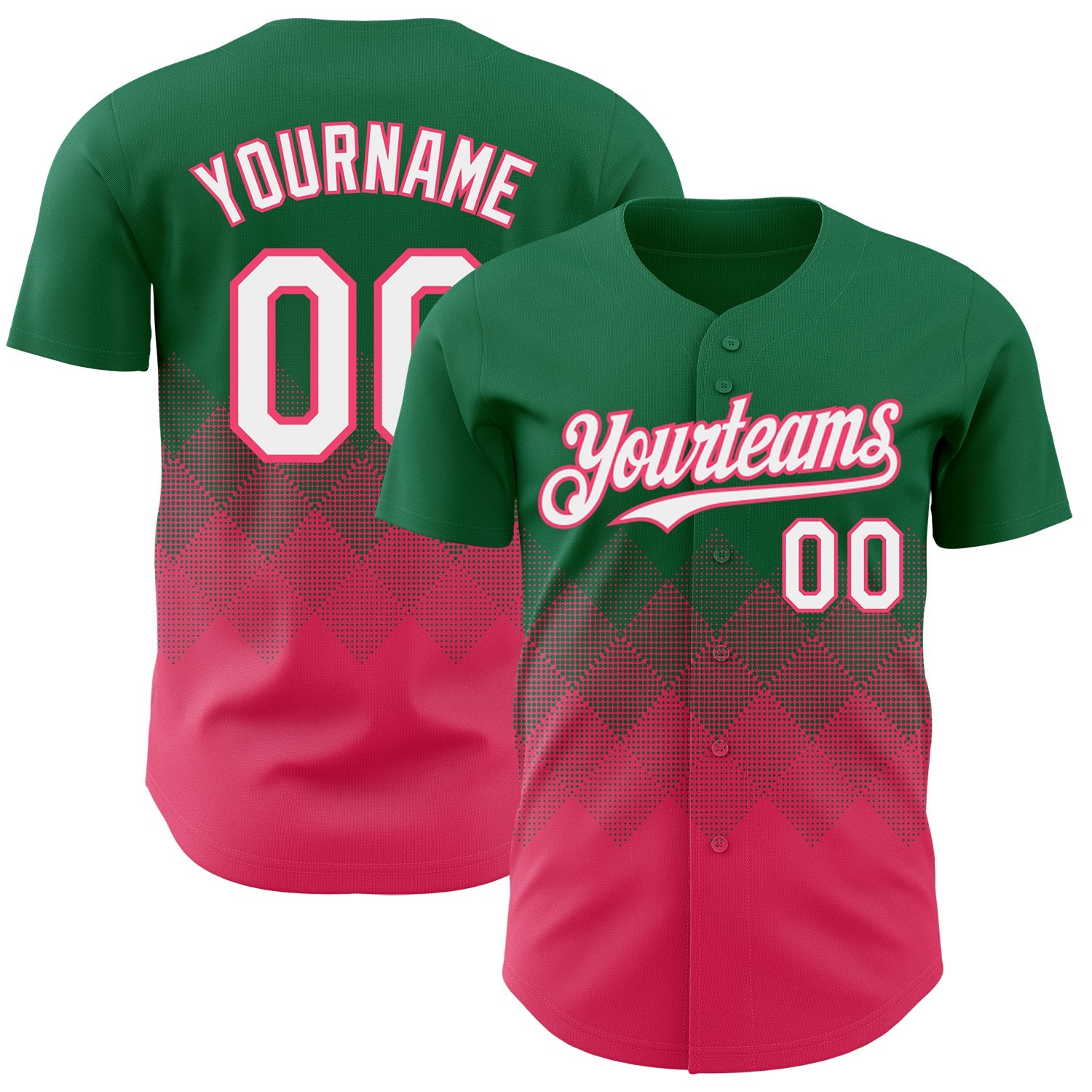Custom Kelly Green White-Neon Pink 3D Gradient Square Shape Authentic Baseball Jersey - Main View