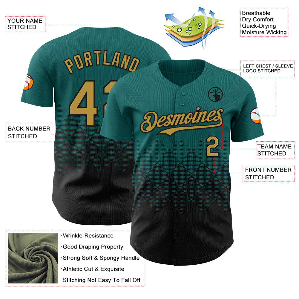 Custom Teal Old Gold-Black 3D Gradient Square Shape Authentic Baseball Jersey view 3