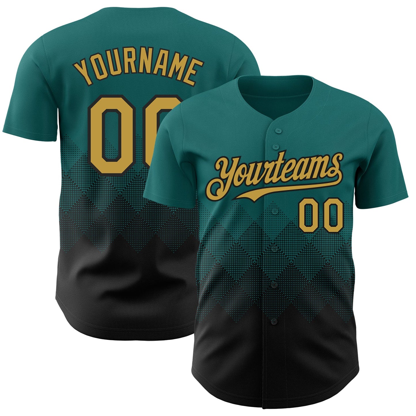 Custom Teal Old Gold-Black 3D Gradient Square Shape Authentic Baseball Jersey - Main View