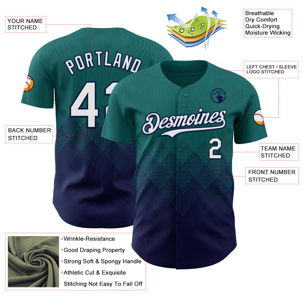 Custom Teal White-Navy 3D Gradient Square Shape Authentic Baseball Jersey view 3