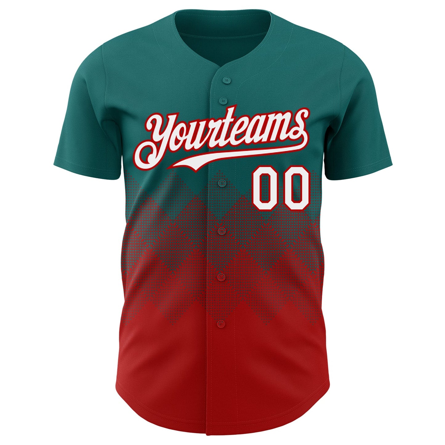 Custom Teal White-Red 3D Gradient Square Shape Authentic Baseball Jersey view 2