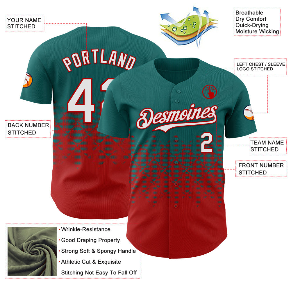 Custom Teal White-Red 3D Gradient Square Shape Authentic Baseball Jersey view 3