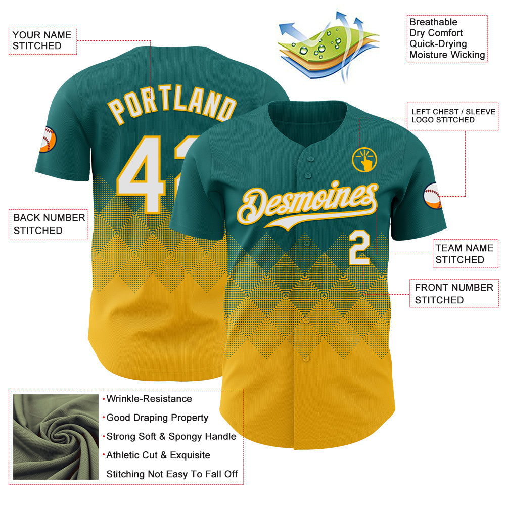 Custom Teal White-Gold 3D Gradient Square Shape Authentic Baseball Jersey view 3