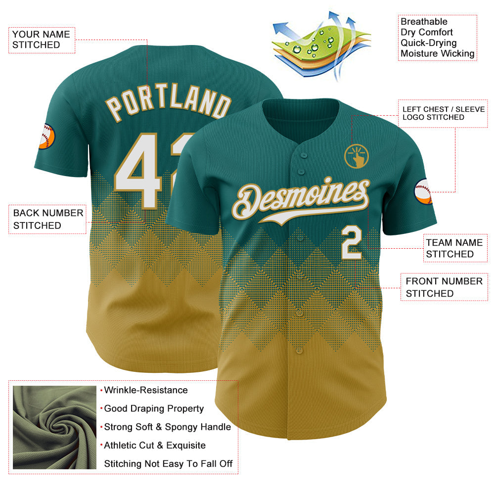 Custom Teal White-Old Gold 3D Gradient Square Shape Authentic Baseball Jersey view 3