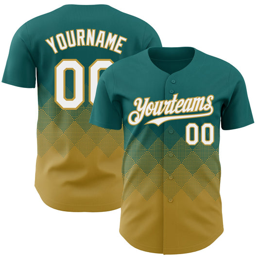 Custom Teal White-Old Gold 3D Gradient Square Shape Authentic Baseball Jersey - Main View