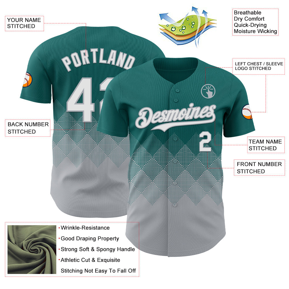 Custom Teal White-Gray 3D Gradient Square Shape Authentic Baseball Jersey view 3