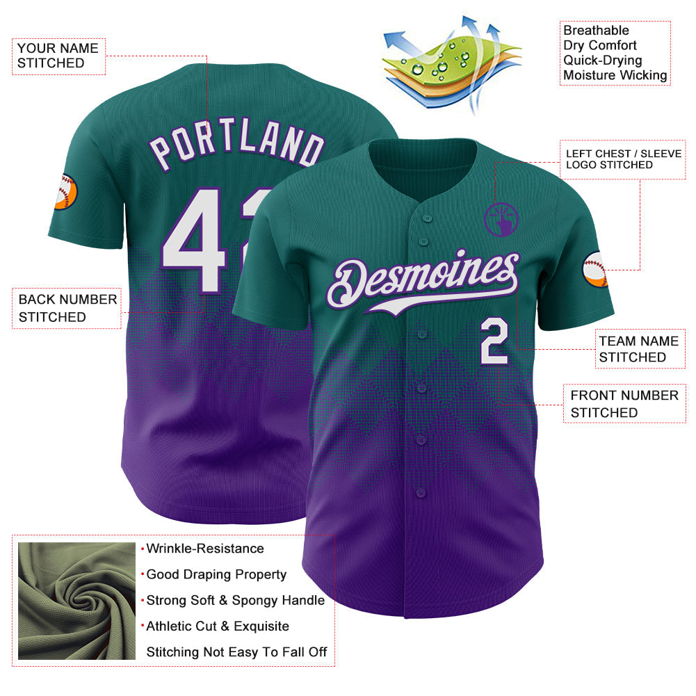 Custom Teal White-Purple 3D Gradient Square Shape Authentic Baseball Jersey view 3