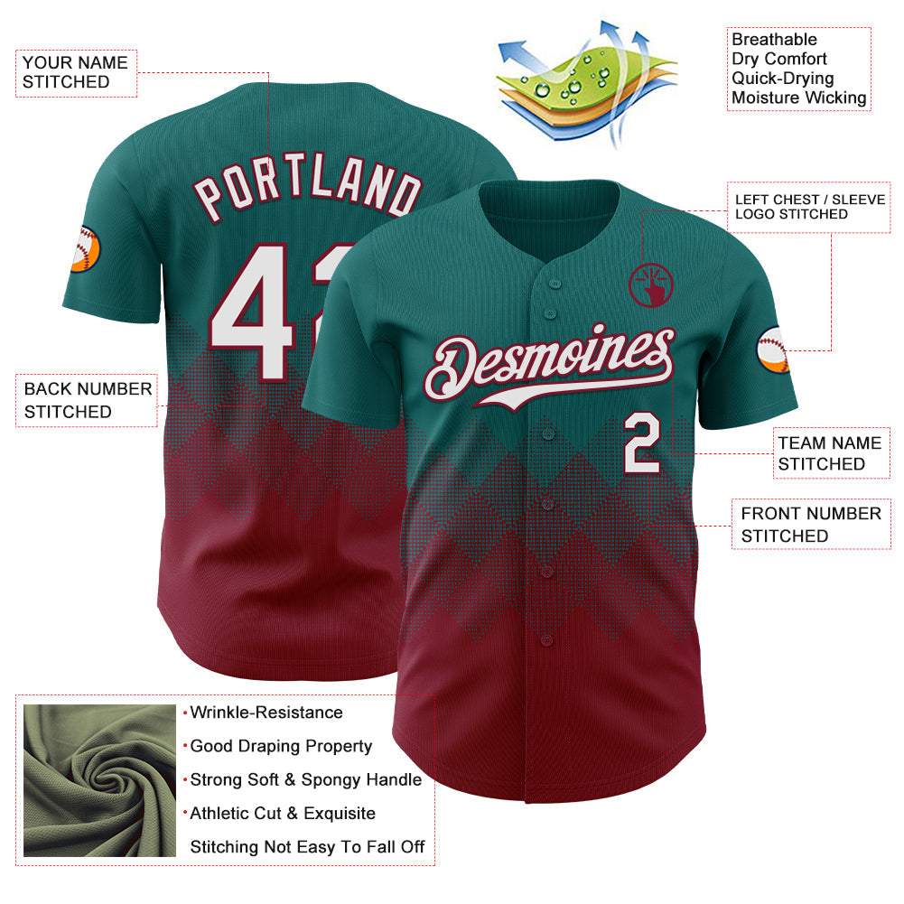 Custom Teal White-Crimson 3D Gradient Square Shape Authentic Baseball Jersey view 3