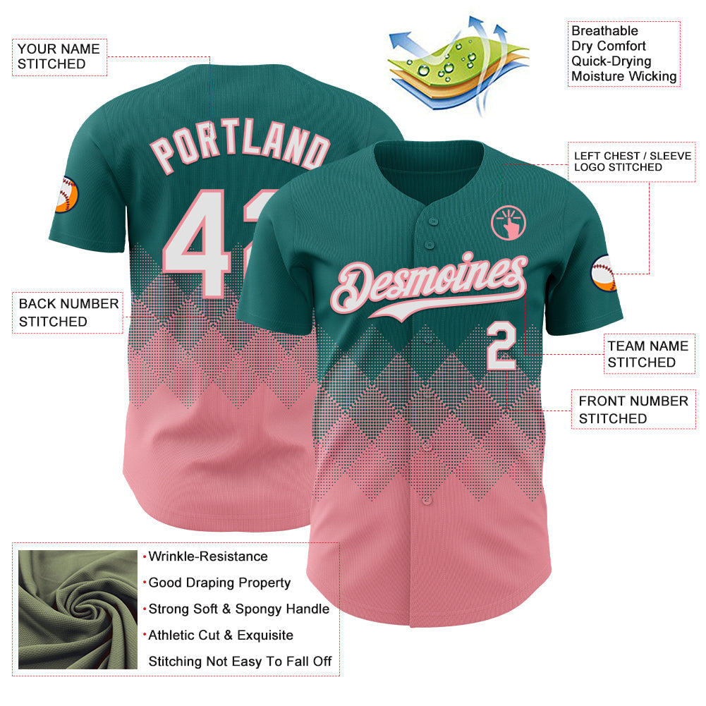 Custom Teal White-Medium Pink 3D Gradient Square Shape Authentic Baseball Jersey view 3