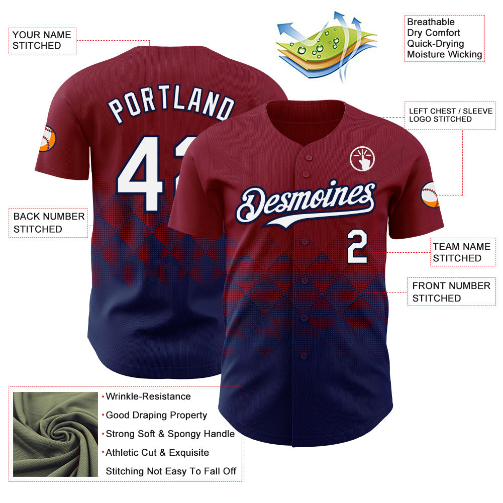 Custom Crimson White-Navy 3D Gradient Square Shape Authentic Baseball Jersey view 3