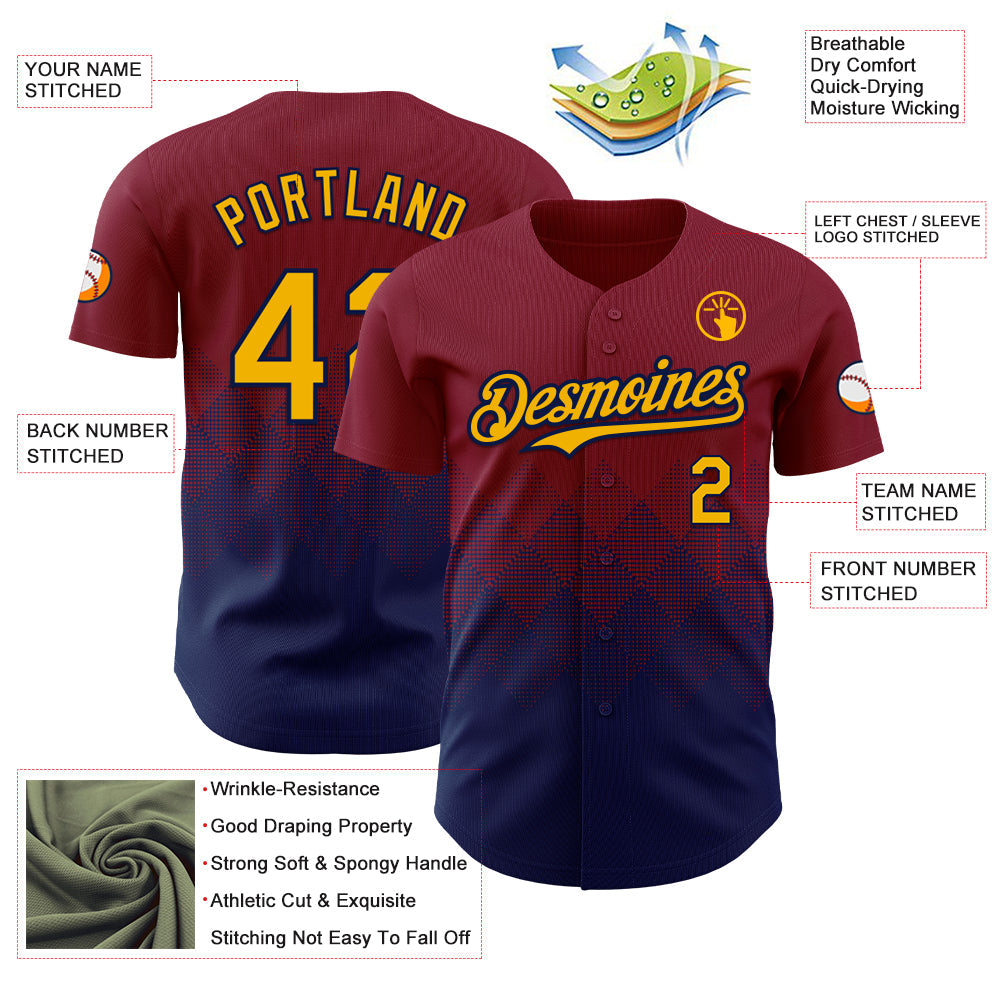 Custom Crimson Gold-Navy 3D Gradient Square Shape Authentic Baseball Jersey view 3
