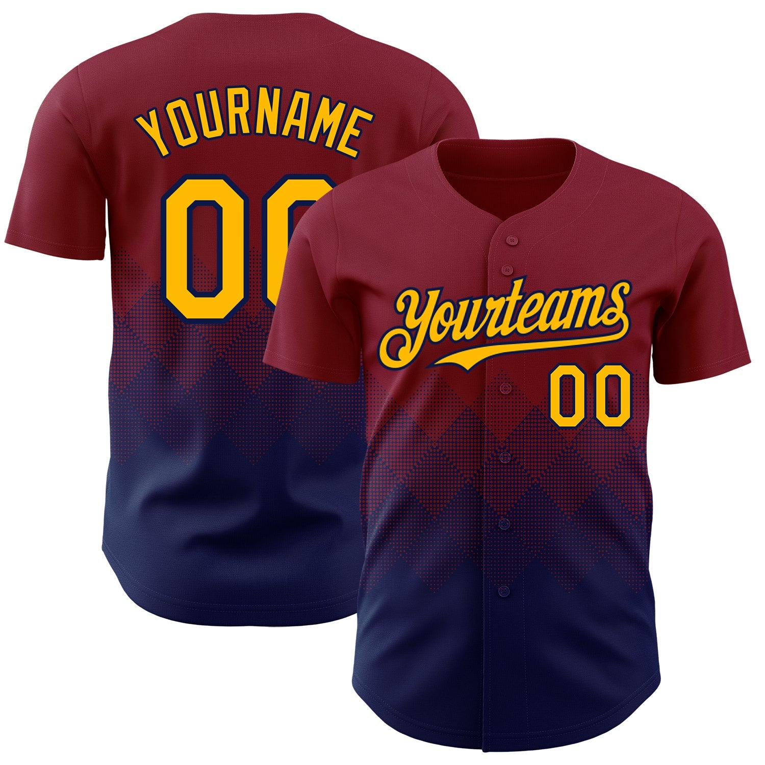 Custom Crimson Gold-Navy 3D Gradient Square Shape Authentic Baseball Jersey - Main View