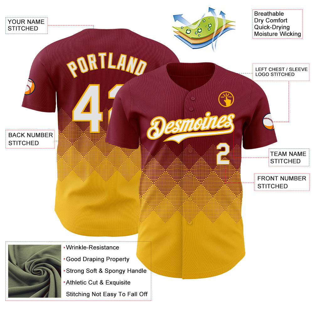 Custom Crimson White-Gold 3D Gradient Square Shape Authentic Baseball Jersey view 3